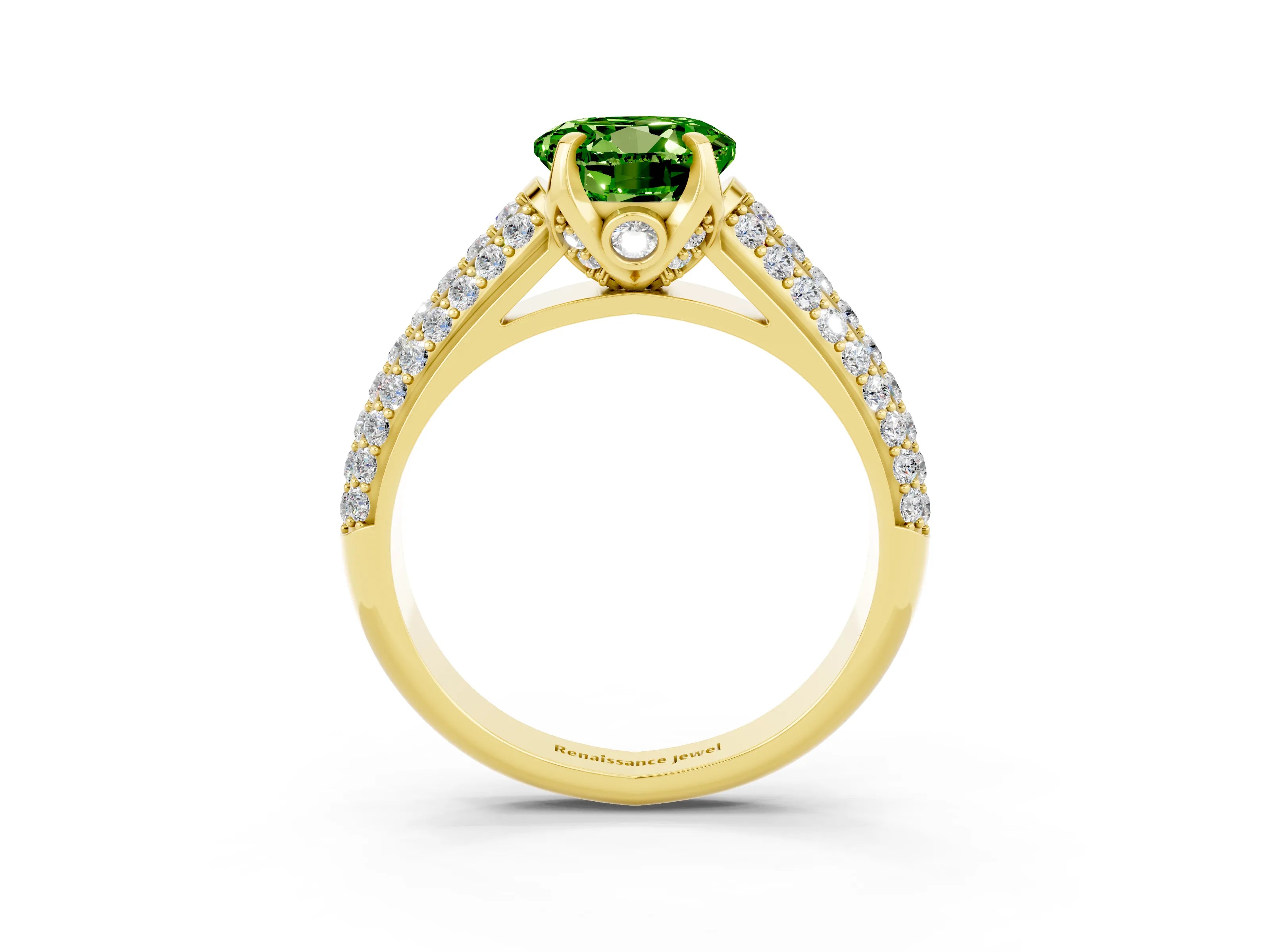 Yellow gold Round Cut Peridot Solitaire Ring with Three-Row Pavé Band and Four-Prong Setting_15