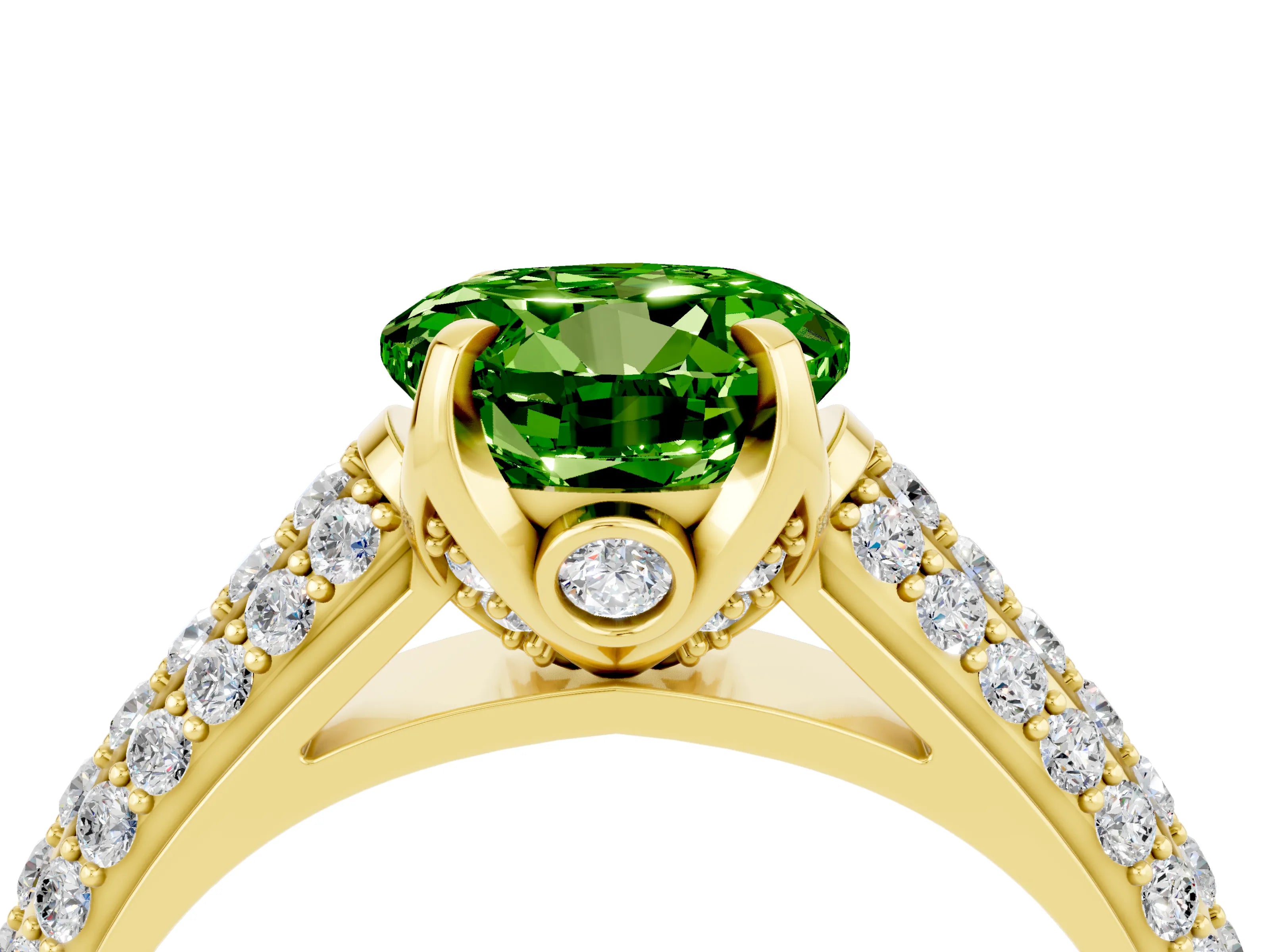 Yellow gold Round Cut Peridot Solitaire Ring with Three-Row Pavé Band and Four-Prong Setting_16