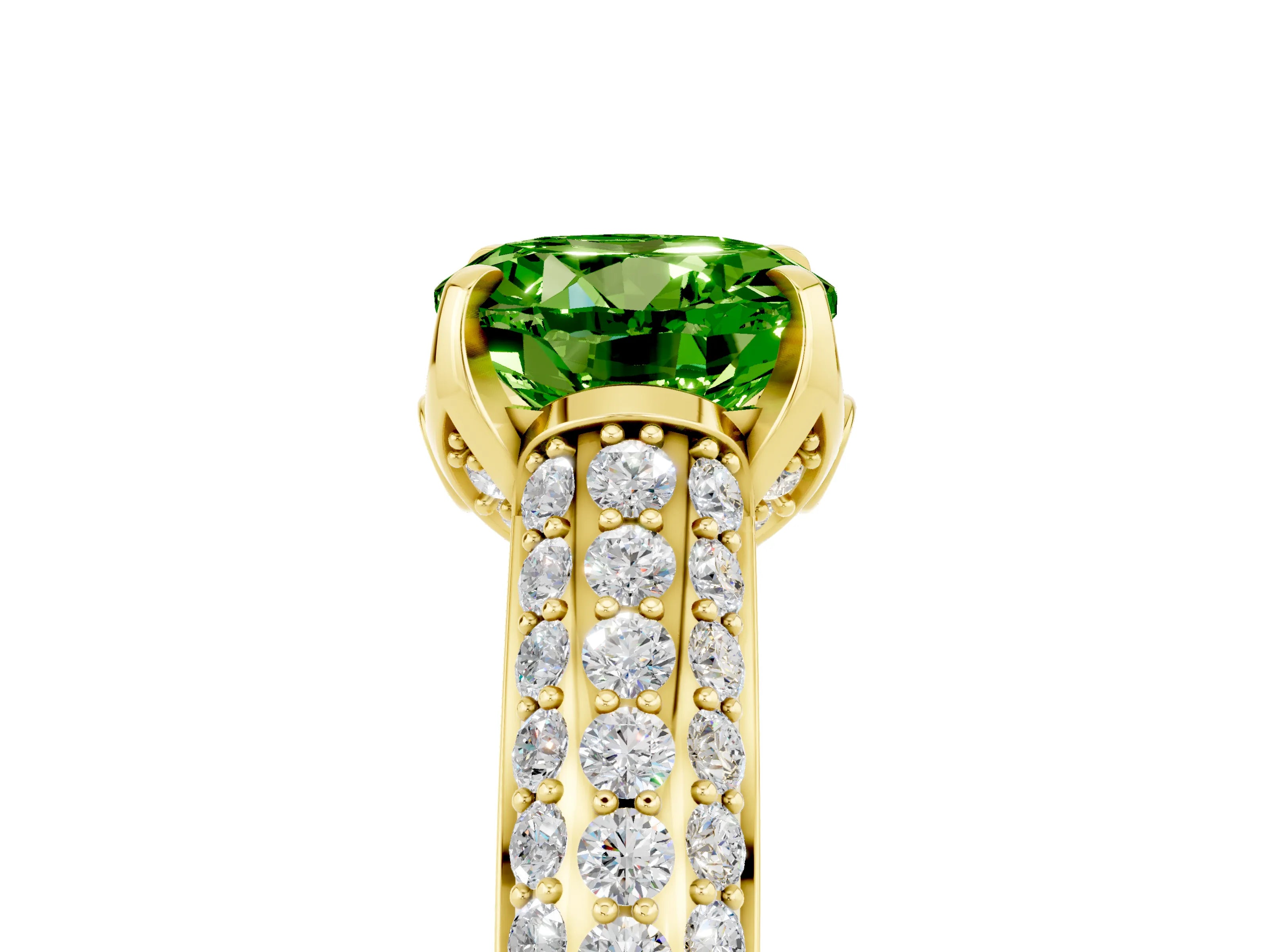 Yellow gold Round Cut Peridot Solitaire Ring with Three-Row Pavé Band and Four-Prong Setting_17