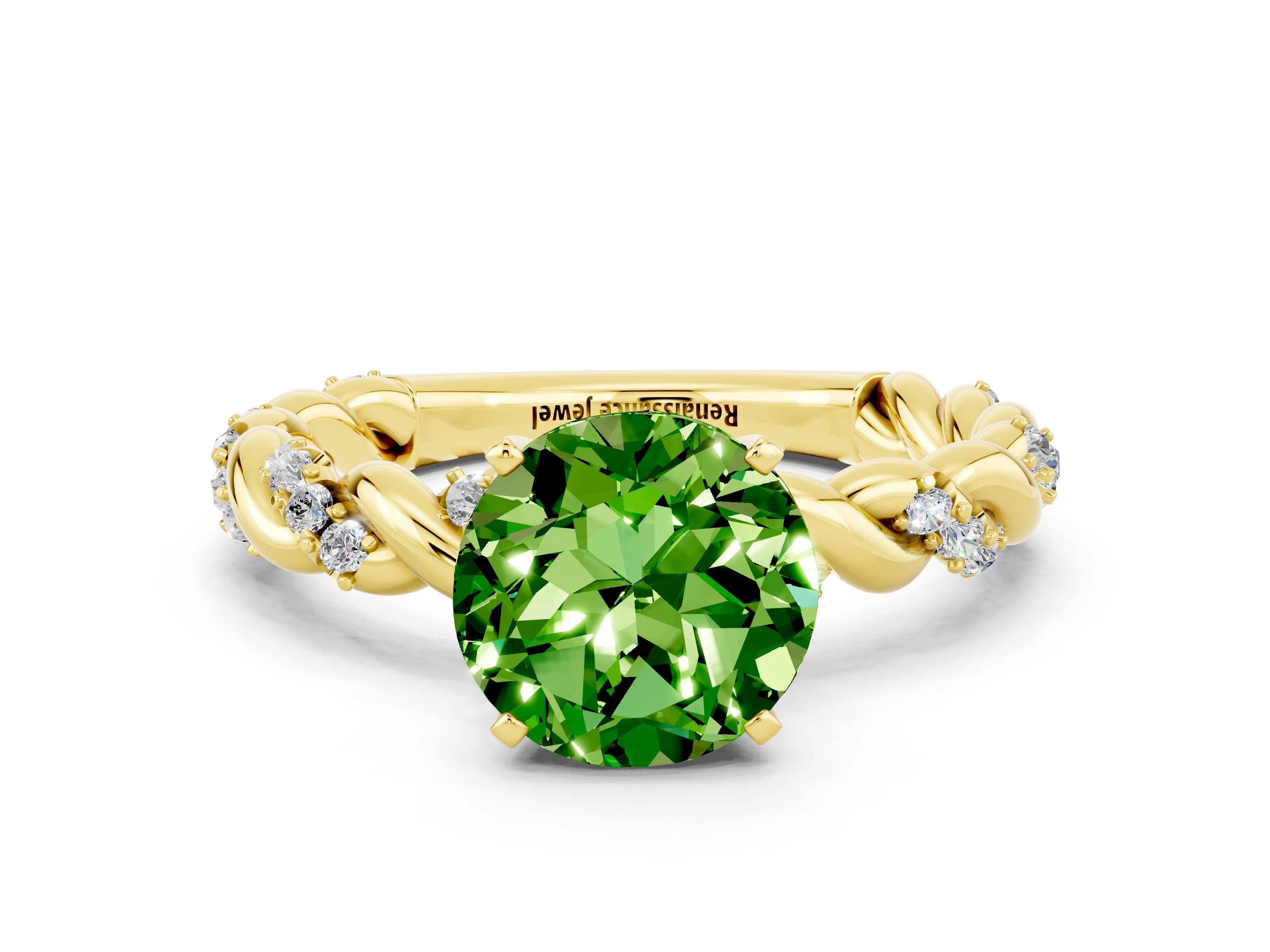 Yellow gold Round Cut Peridot Solitaire Ring with Twisted Band and Pavé Accents