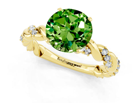 Yellow gold Round Cut Peridot Solitaire Ring with Twisted Band and Pavé Accents_1
