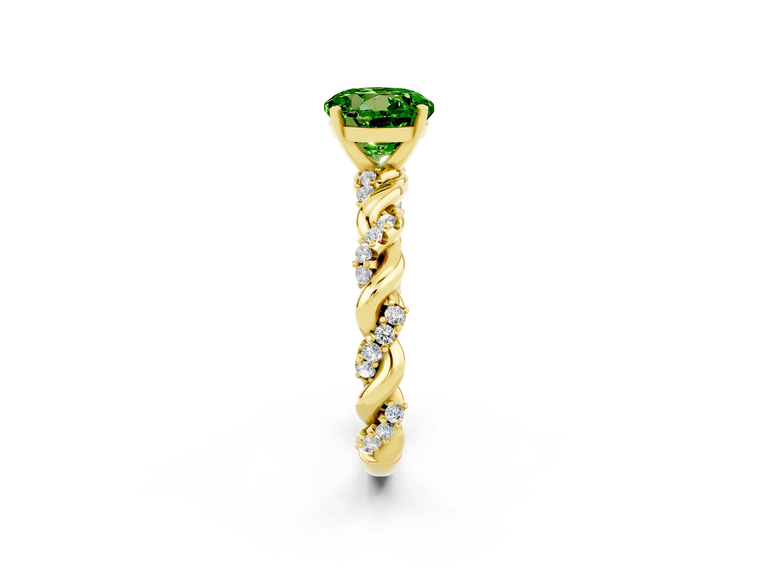 Yellow gold Round Cut Peridot Solitaire Ring with Twisted Band and Pavé Accents_2