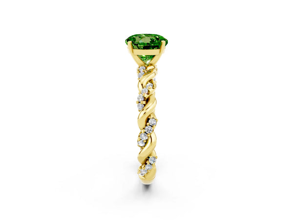 Yellow gold Round Cut Peridot Solitaire Ring with Twisted Band and Pavé Accents