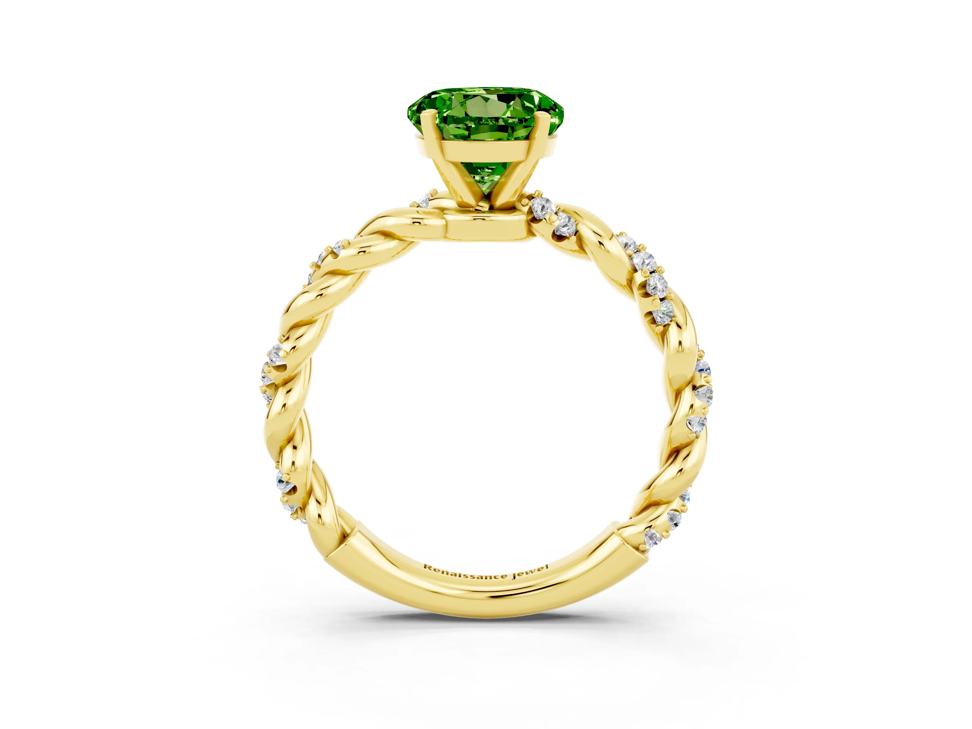 Yellow gold Round Cut Peridot Solitaire Ring with Twisted Band and Pavé Accents_3