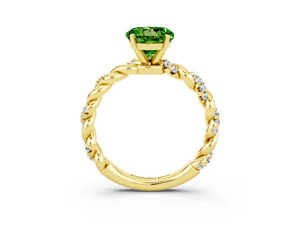 Yellow gold Round Cut Peridot Solitaire Ring with Twisted Band and Pavé Accents
