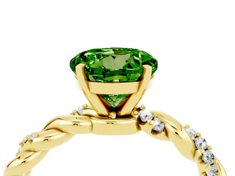 Yellow gold Round Cut Peridot Solitaire Ring with Twisted Band and Pavé Accents_4