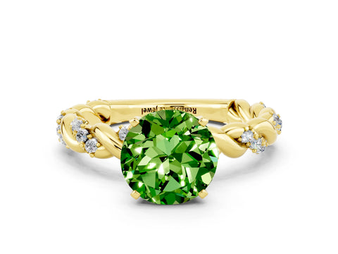 Yellow gold Round Cut Peridot Solitaire Ring with Twisted Band and Pavé Accents