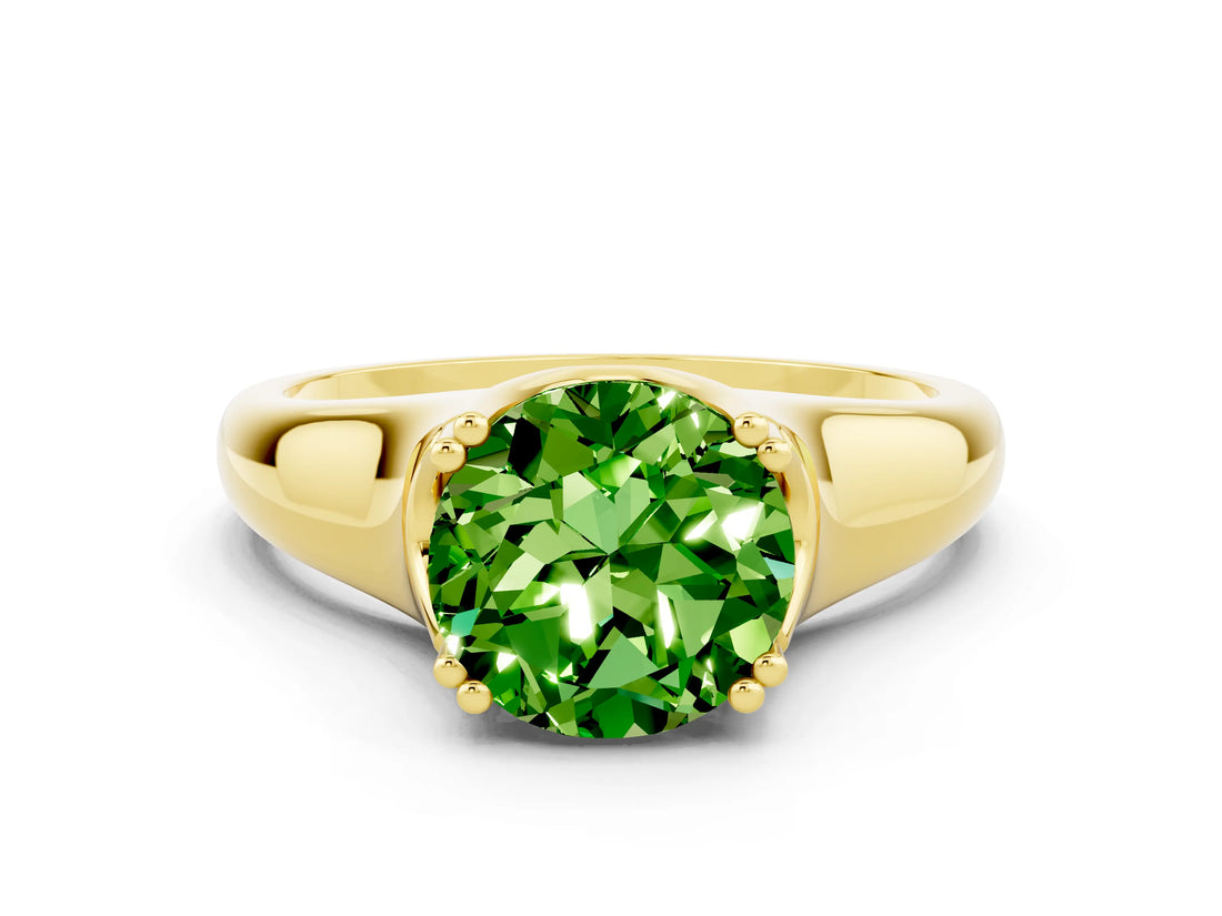 Yellow gold Round Cut Peridot Solitaire Ring with Wide Band and Prong Setting
