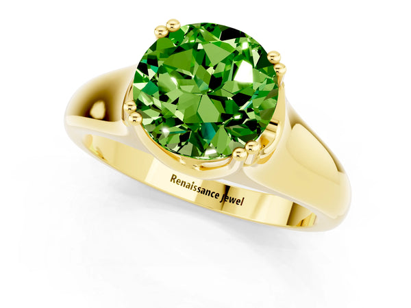 Yellow gold Round Cut Peridot Solitaire Ring with Wide Band and Prong Setting