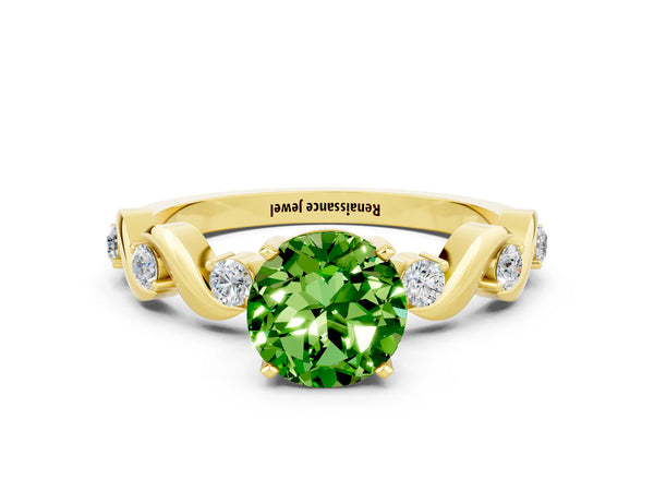 Yellow gold Round Cut Peridot Solitaire Twisted Band with Round  Accents and Prong Setting