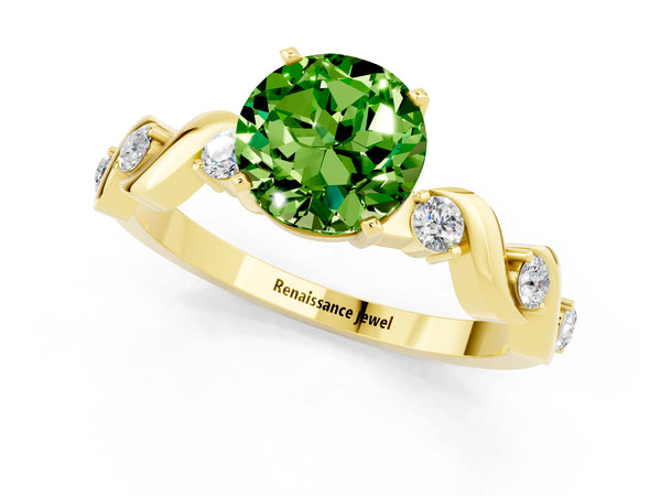 Yellow gold Round Cut Peridot Solitaire Twisted Band with Round  Accents and Prong Setting