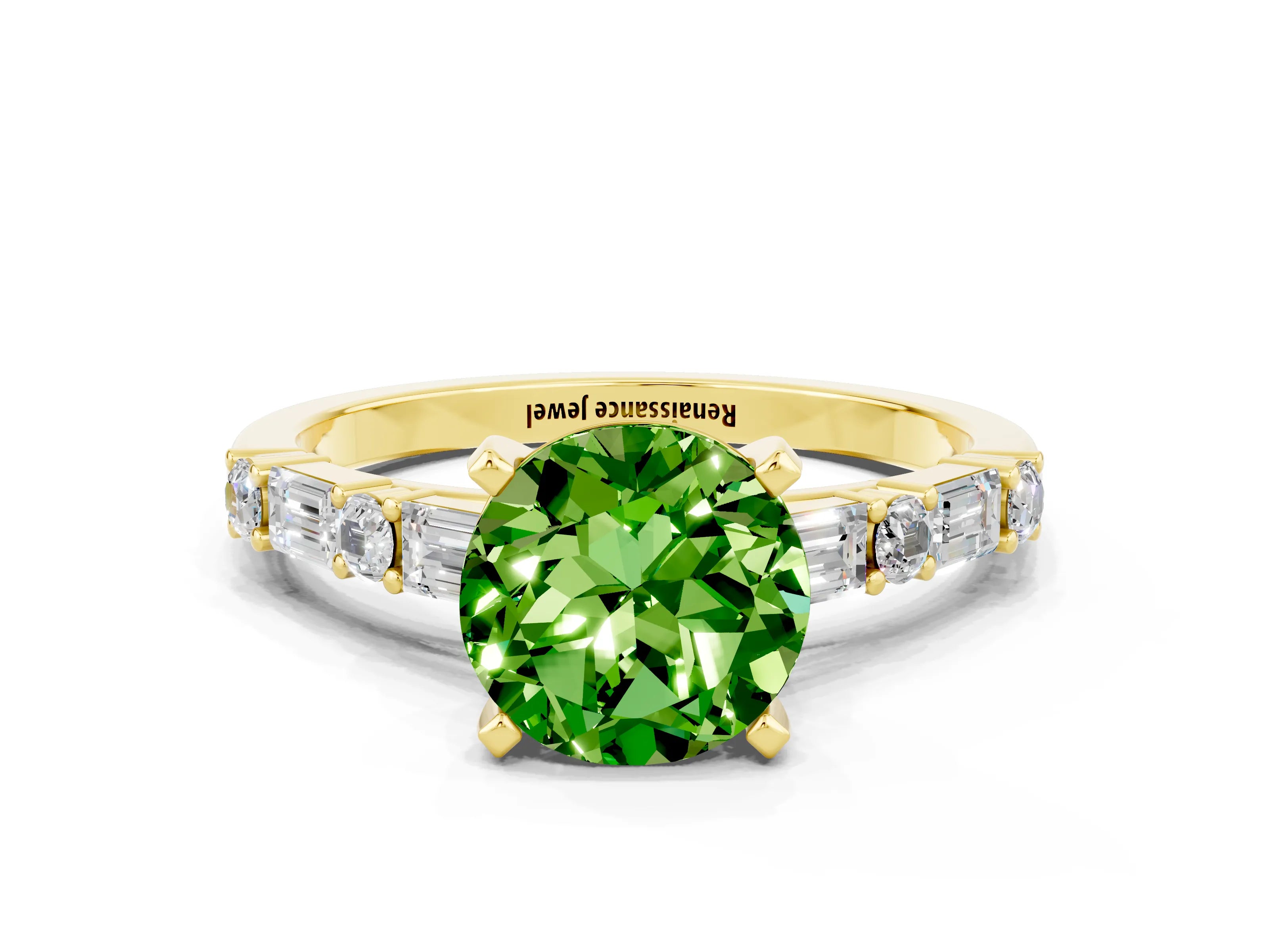 Yellow gold Round Cut Peridot Solitaire with Side Baguettes and Channel Set Band