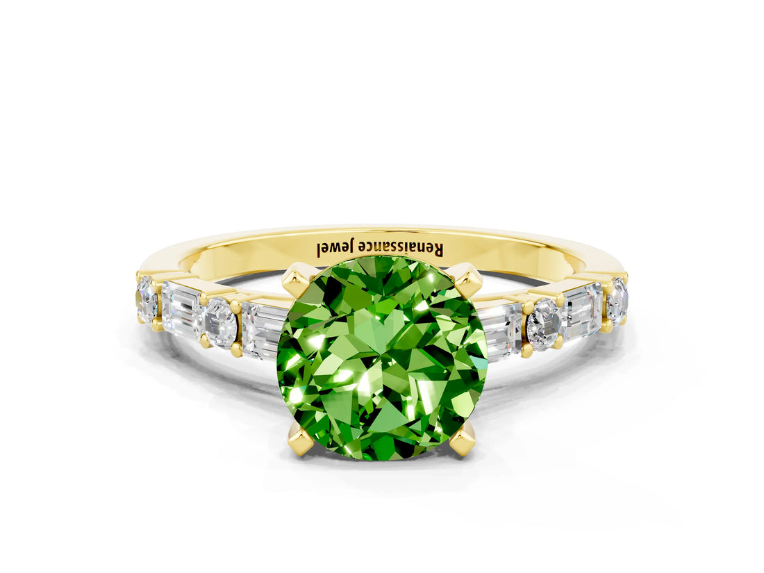 Yellow gold Round Cut Peridot Solitaire with Side Baguettes and Channel Set Band