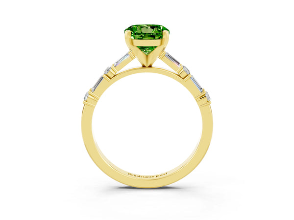 Yellow gold Round Cut Peridot Solitaire with Side Baguettes and Channel Set Band