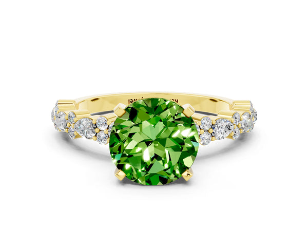 Yellow gold Round Cut Peridot Side Stone Solitaire Ring with Round  and Four-Prong Setting