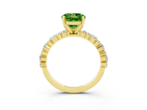 Yellow gold Round Cut Peridot Side Stone Solitaire Ring with Round  and Four-Prong Setting