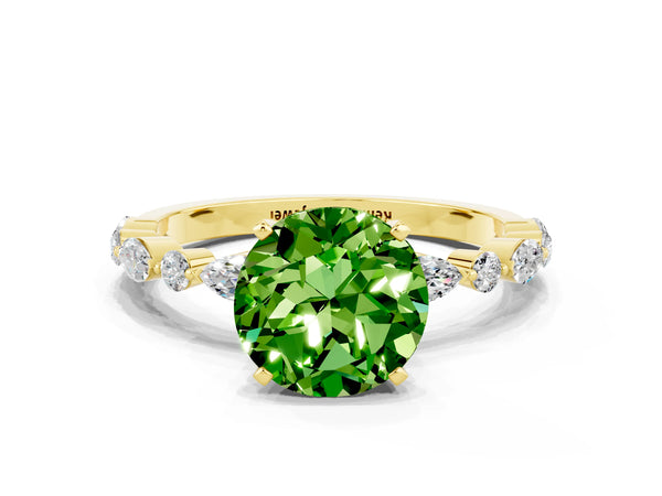 Yellow gold Round Cut Peridot Ring with Marquise and Round  Side Stones and Four-Prong Setting