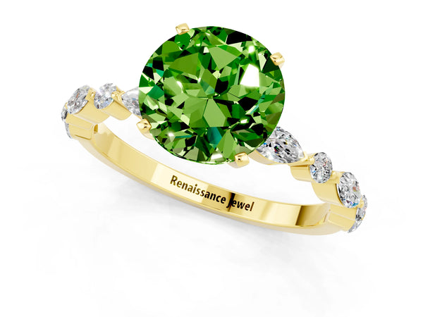 Yellow gold Round Cut Peridot Ring with Marquise and Round  Side Stones and Four-Prong Setting
