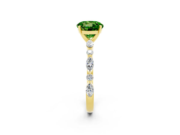 Yellow gold Round Cut Peridot Ring with Marquise and Round  Side Stones and Four-Prong Setting
