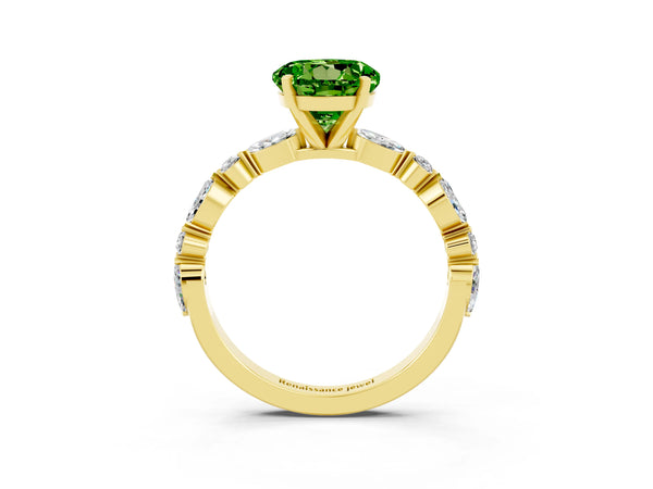 Yellow gold Round Cut Peridot Ring with Marquise and Round  Side Stones and Four-Prong Setting