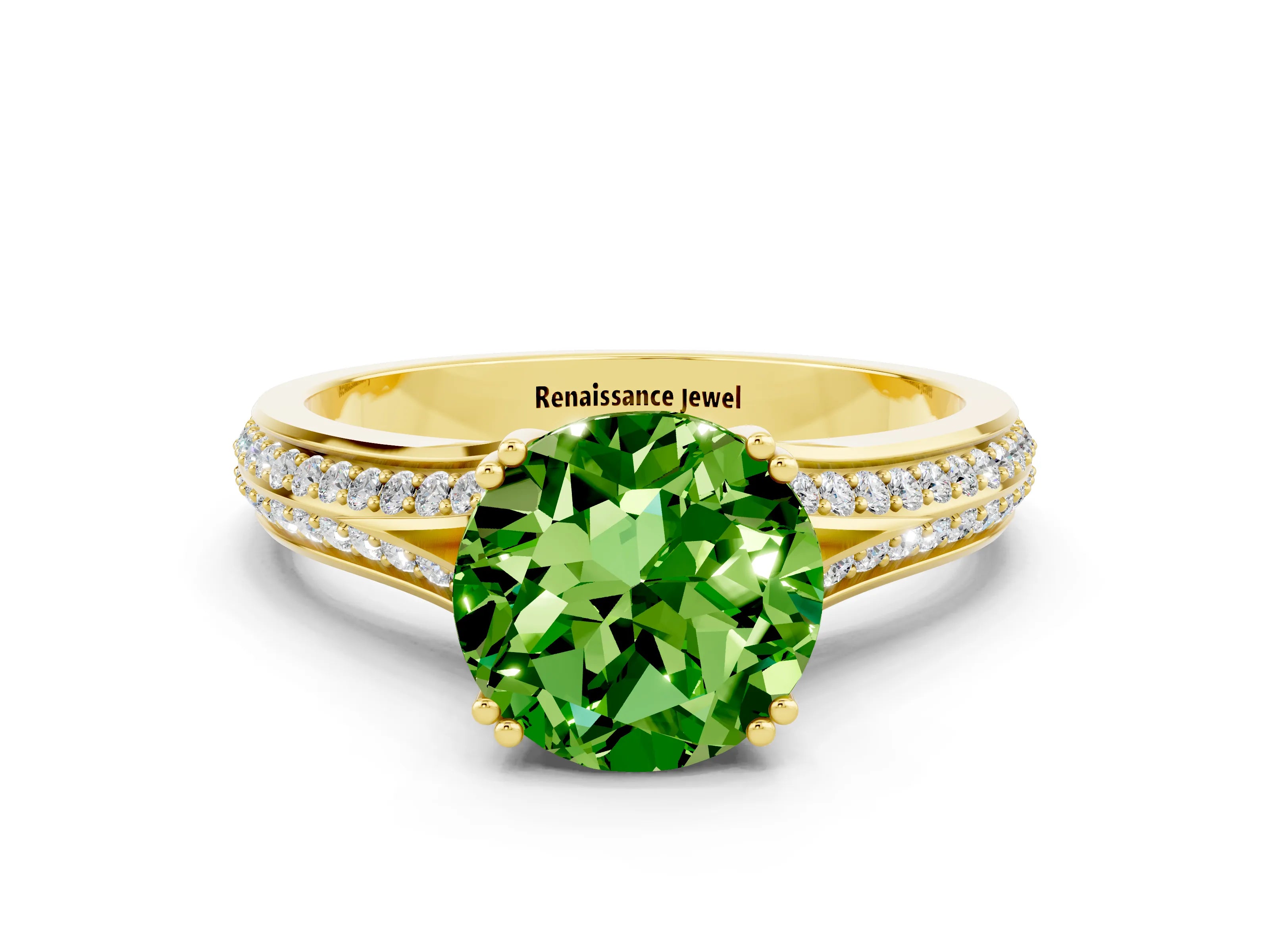 Yellow gold Round Cut Peridot Split Shank Engagement Ring with Pavé Band