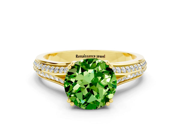 Yellow gold Round Cut Peridot Split Shank Engagement Ring with Pavé Band