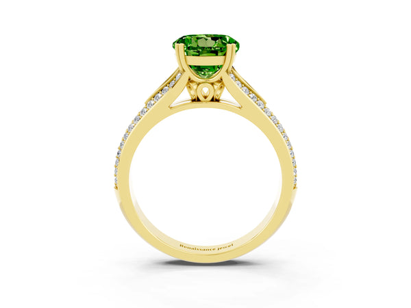 Yellow gold Round Cut Peridot Split Shank Engagement Ring with Pavé Band