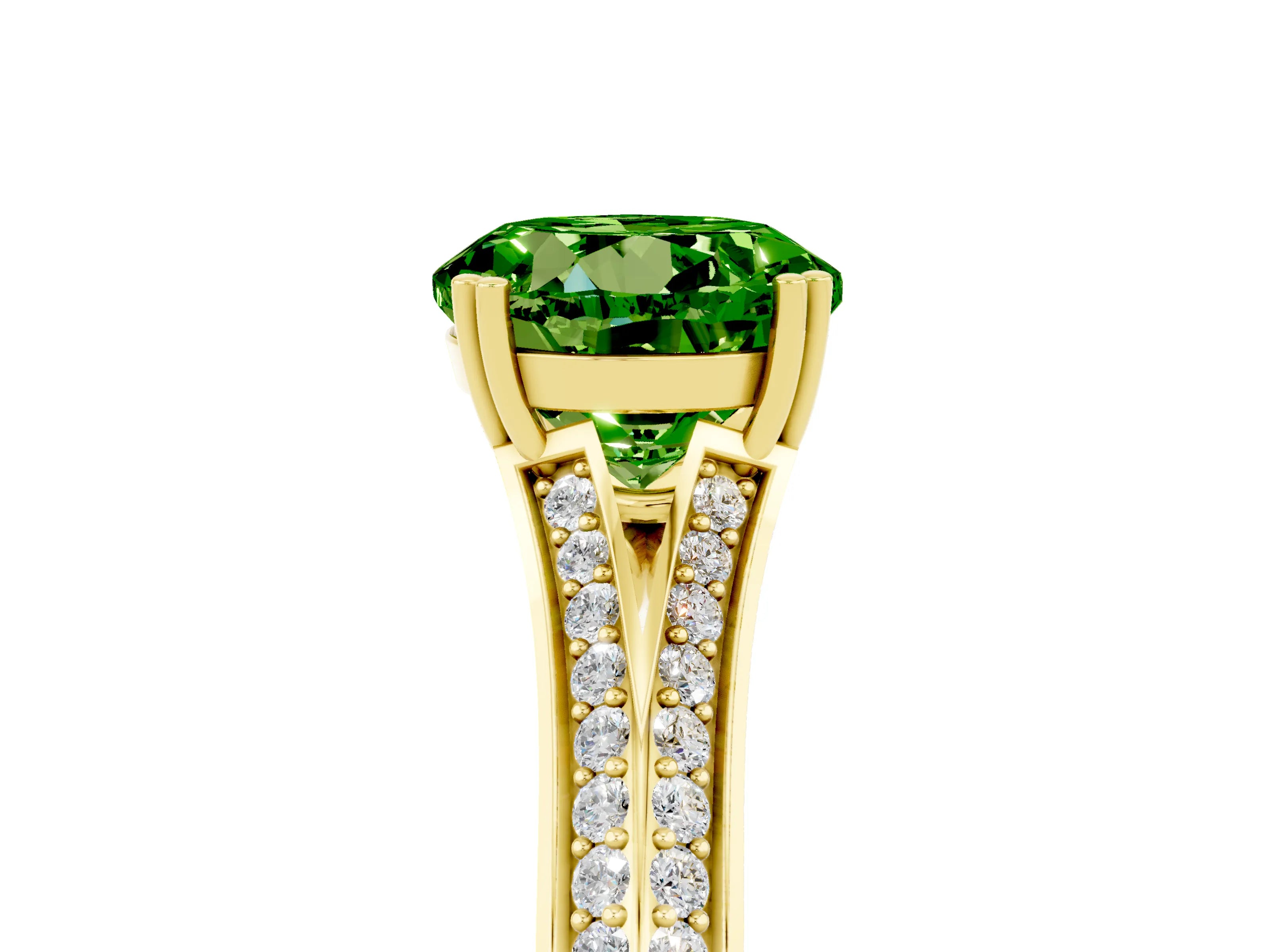 Yellow gold Round Cut Peridot Split Shank Engagement Ring with Pavé Band_5