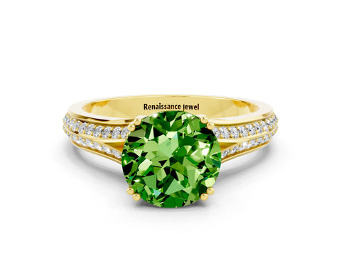 Yellow gold Round Cut Peridot Split Shank Engagement Ring with Pavé Band
