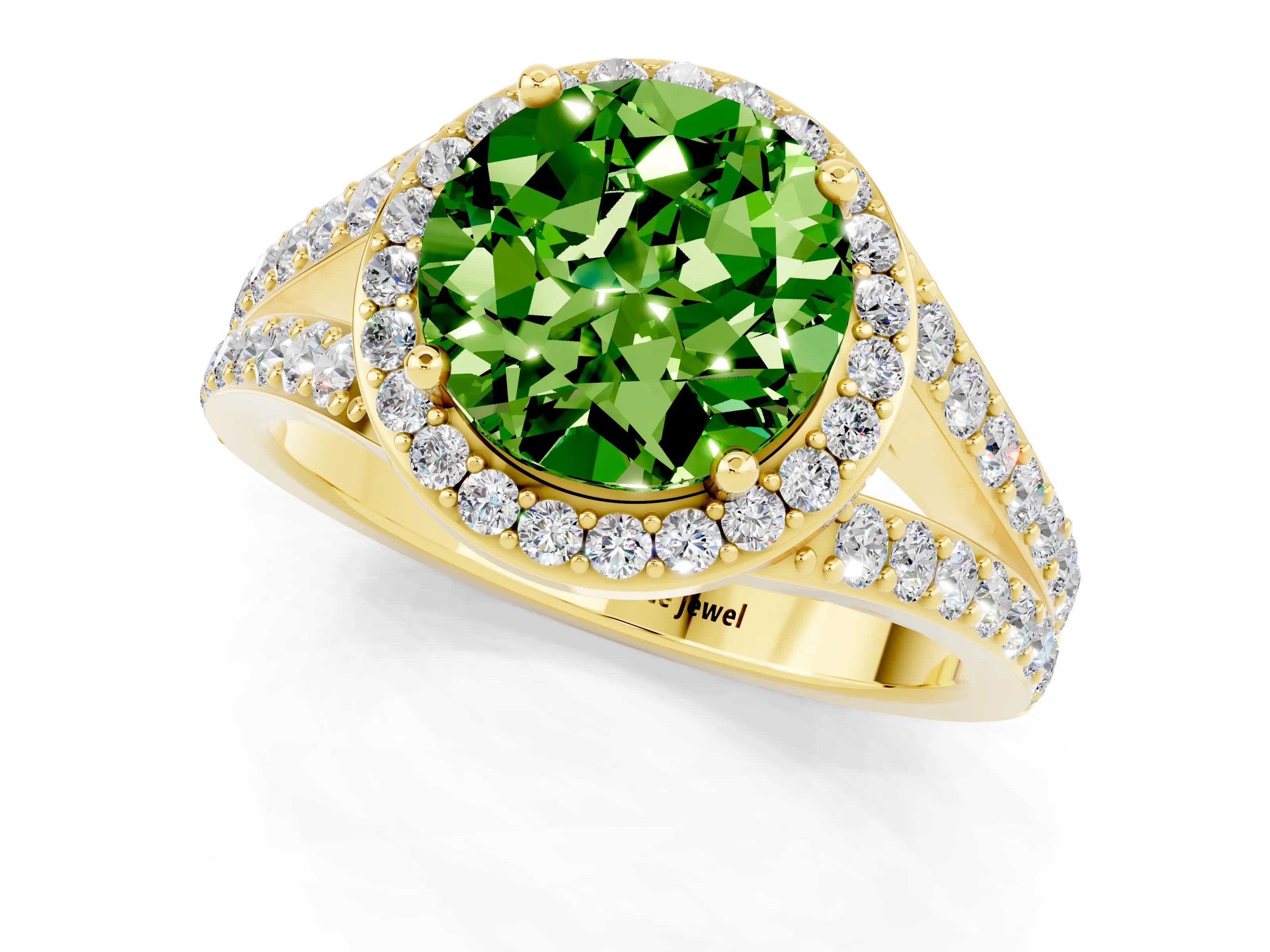 Yellow gold Round Cut Peridot Split Shank Halo Ring with Four-Prong Setting_13