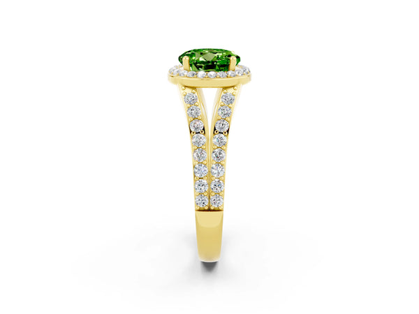 Yellow gold Round Cut Peridot Split Shank Halo Ring with Four-Prong Setting