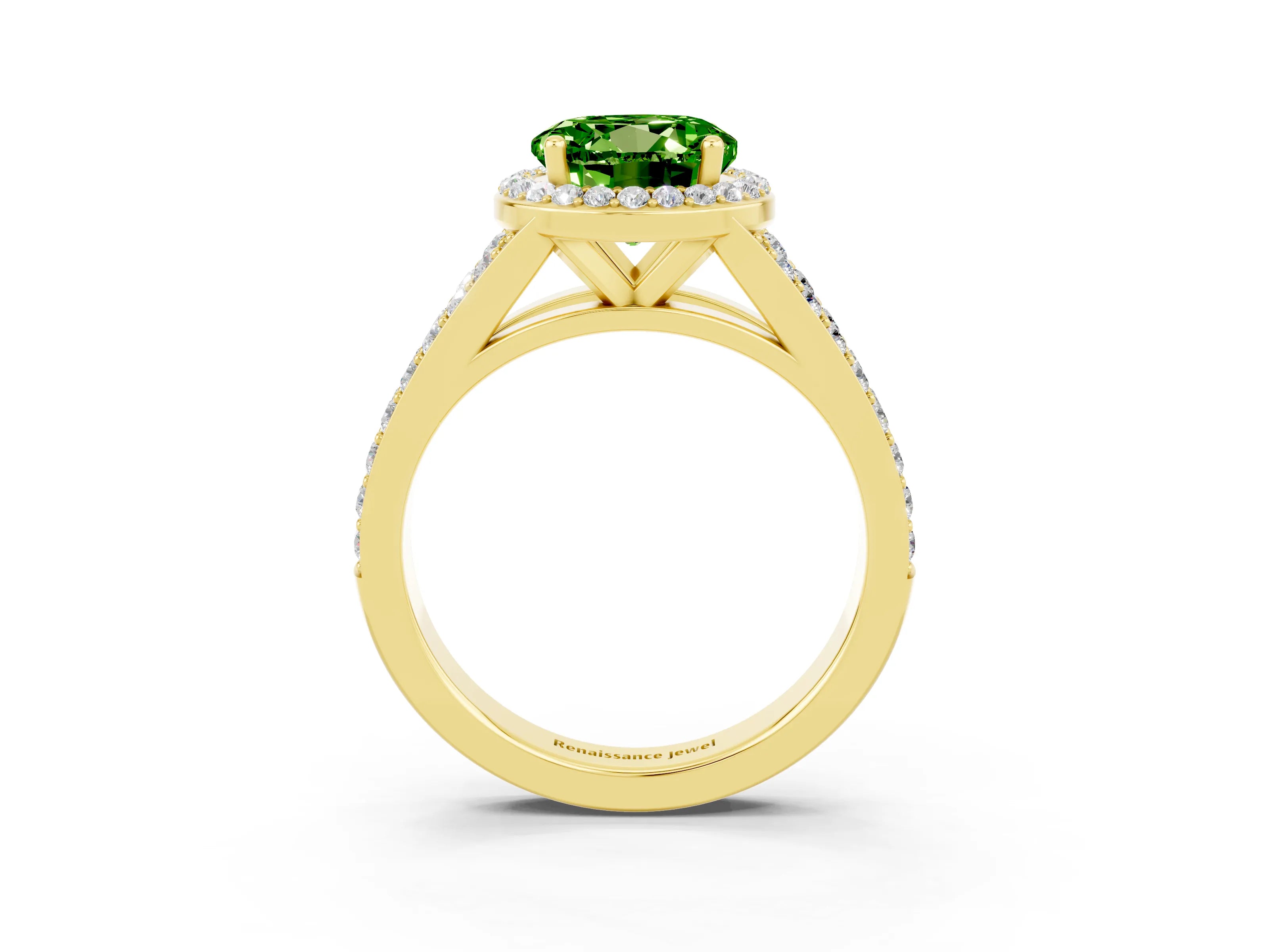 Yellow gold Round Cut Peridot Split Shank Halo Ring with Four-Prong Setting_15
