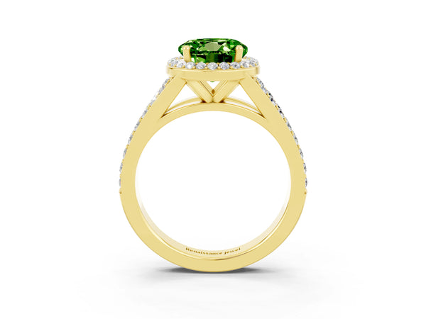 Yellow gold Round Cut Peridot Split Shank Halo Ring with Four-Prong Setting