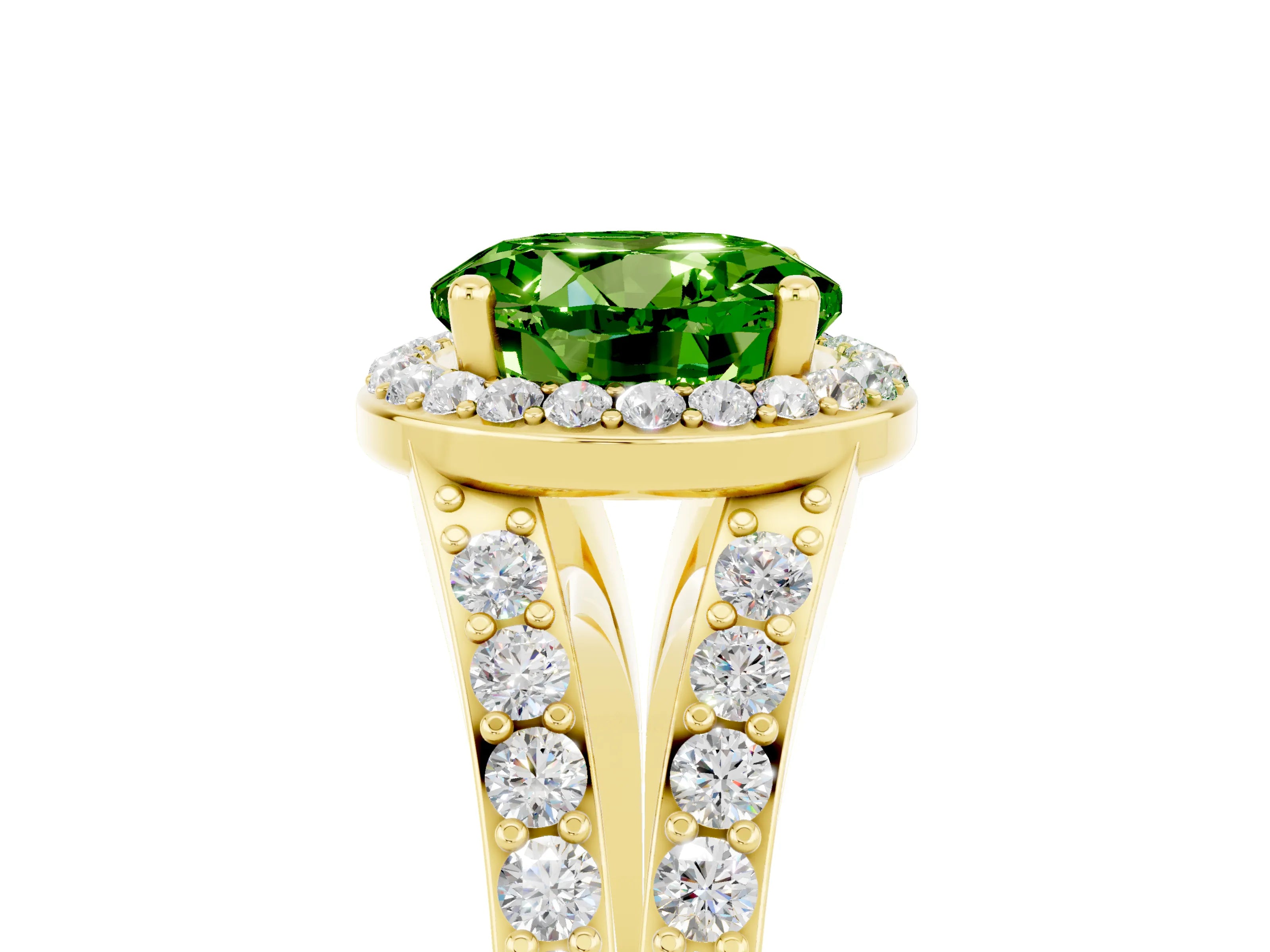 Yellow gold Round Cut Peridot Split Shank Halo Ring with Four-Prong Setting_17