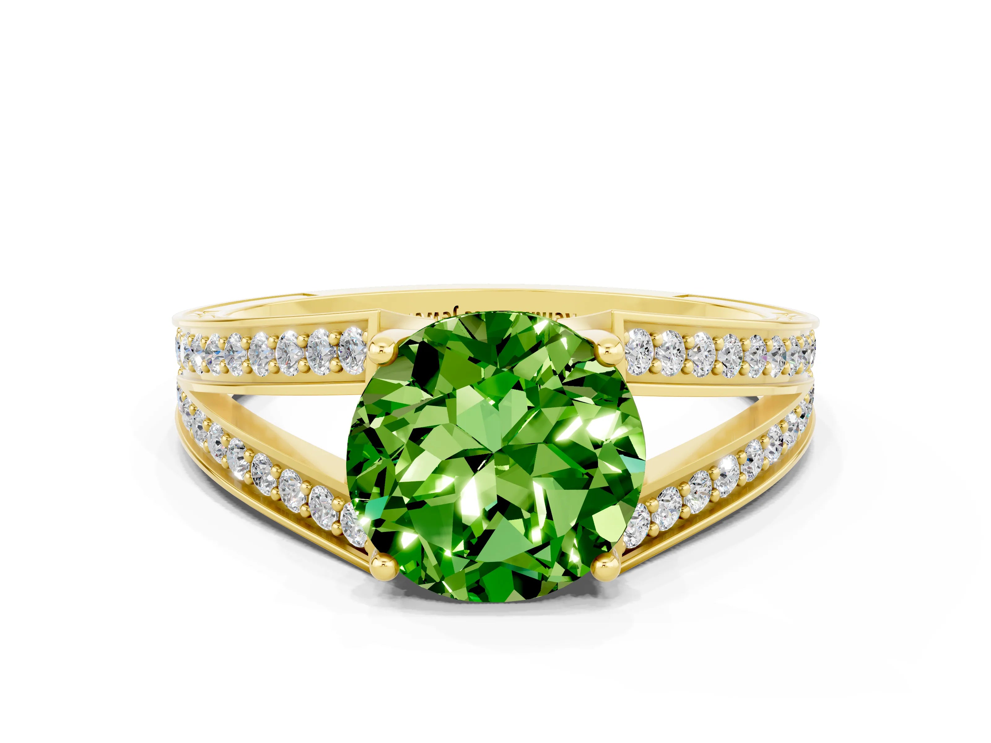 Yellow gold Round Cut Peridot Split Shank Ring with Pavé Band and Four-Prong Setting