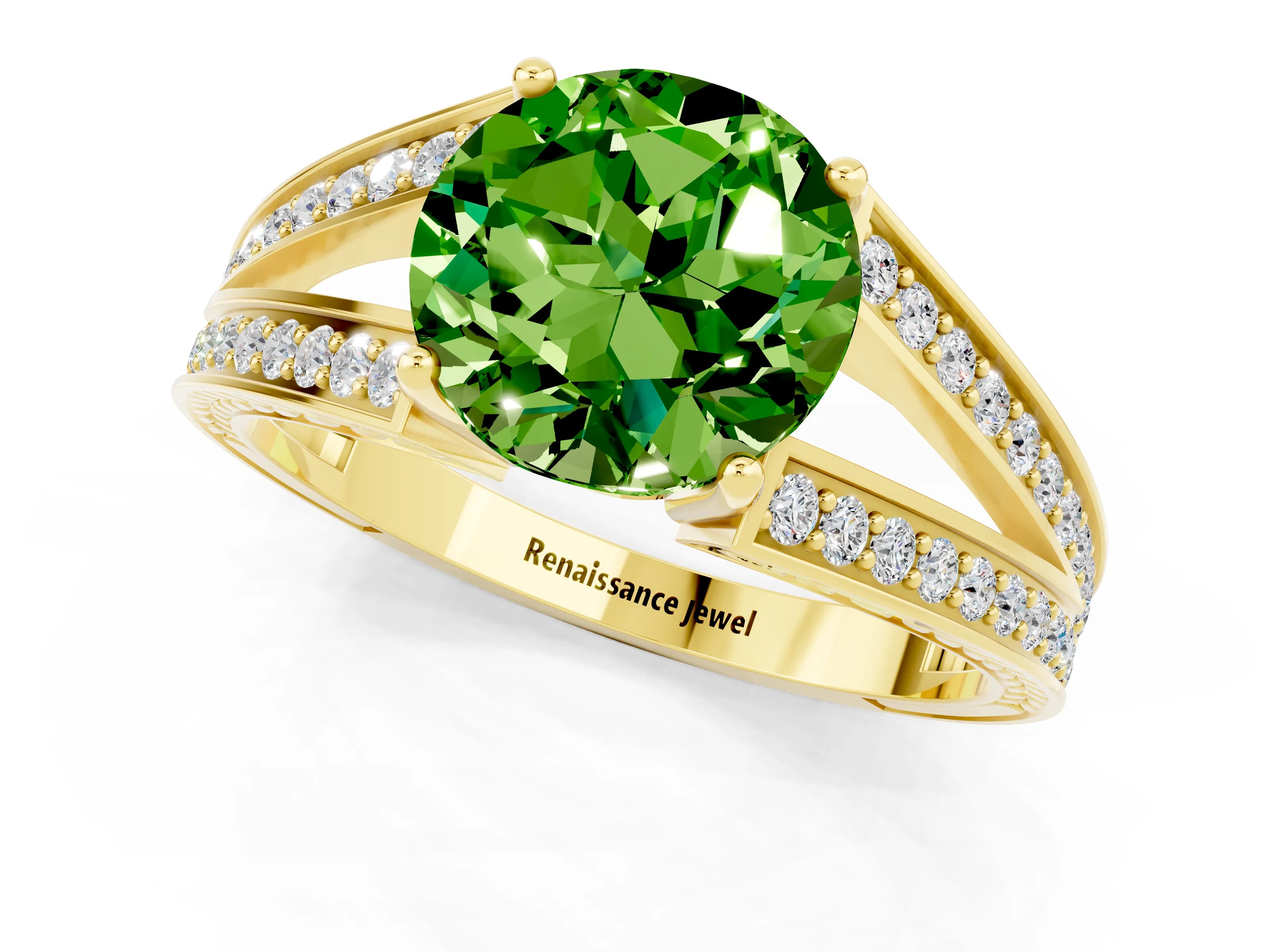Yellow gold Round Cut Peridot Split Shank Ring with Pavé Band and Four-Prong Setting_1