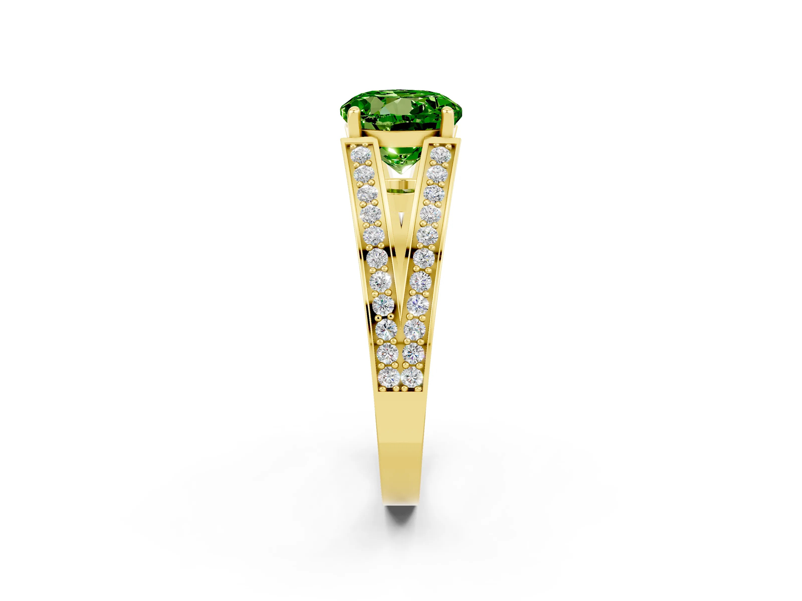 Yellow gold Round Cut Peridot Split Shank Ring with Pavé Band and Four-Prong Setting_2