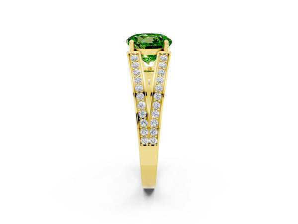 Yellow gold Round Cut Peridot Split Shank Ring with Pavé Band and Four-Prong Setting