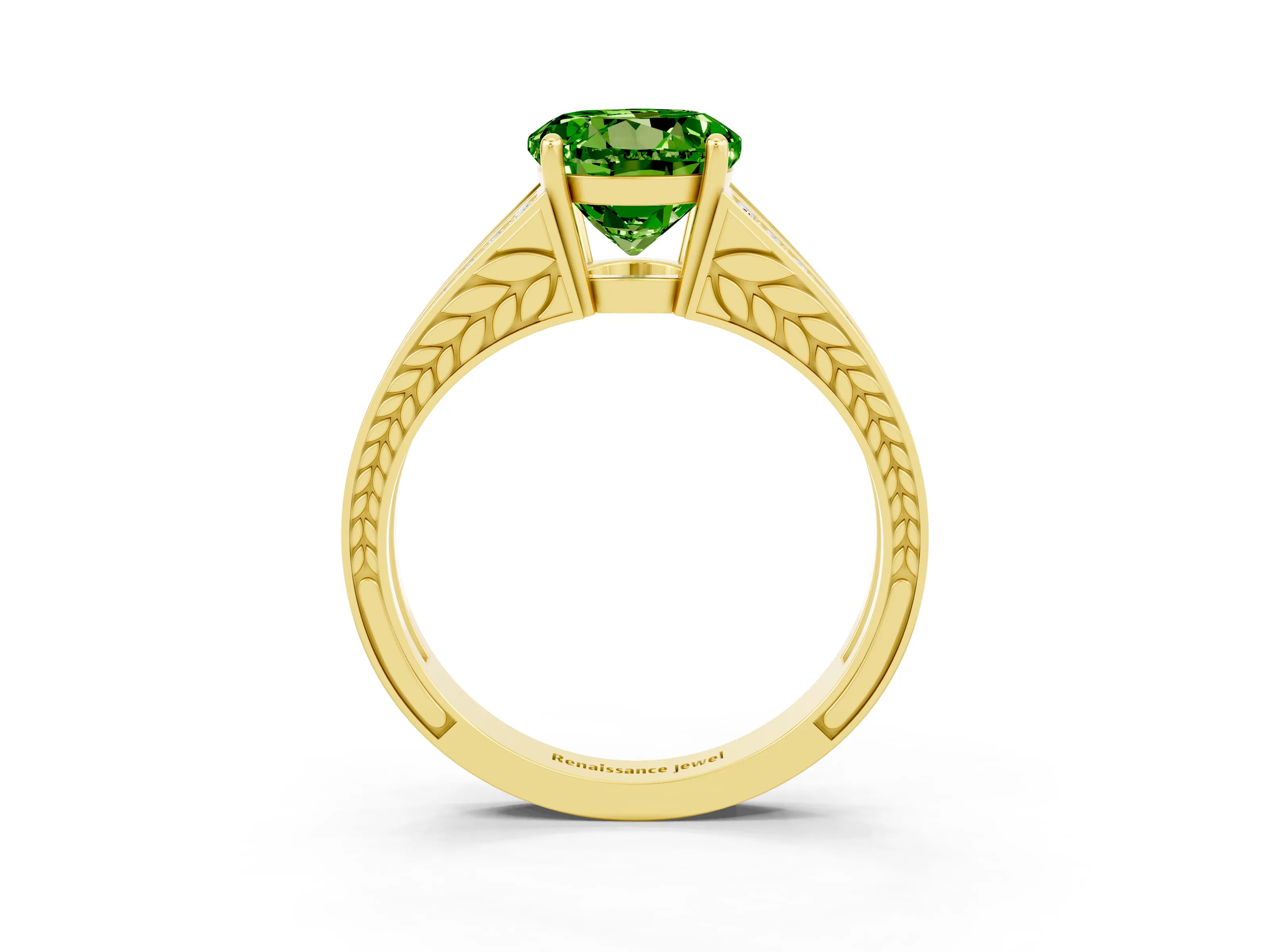 Yellow gold Round Cut Peridot Split Shank Ring with Pavé Band and Four-Prong Setting_3