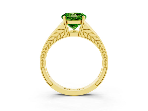 Yellow gold Round Cut Peridot Split Shank Ring with Pavé Band and Four-Prong Setting