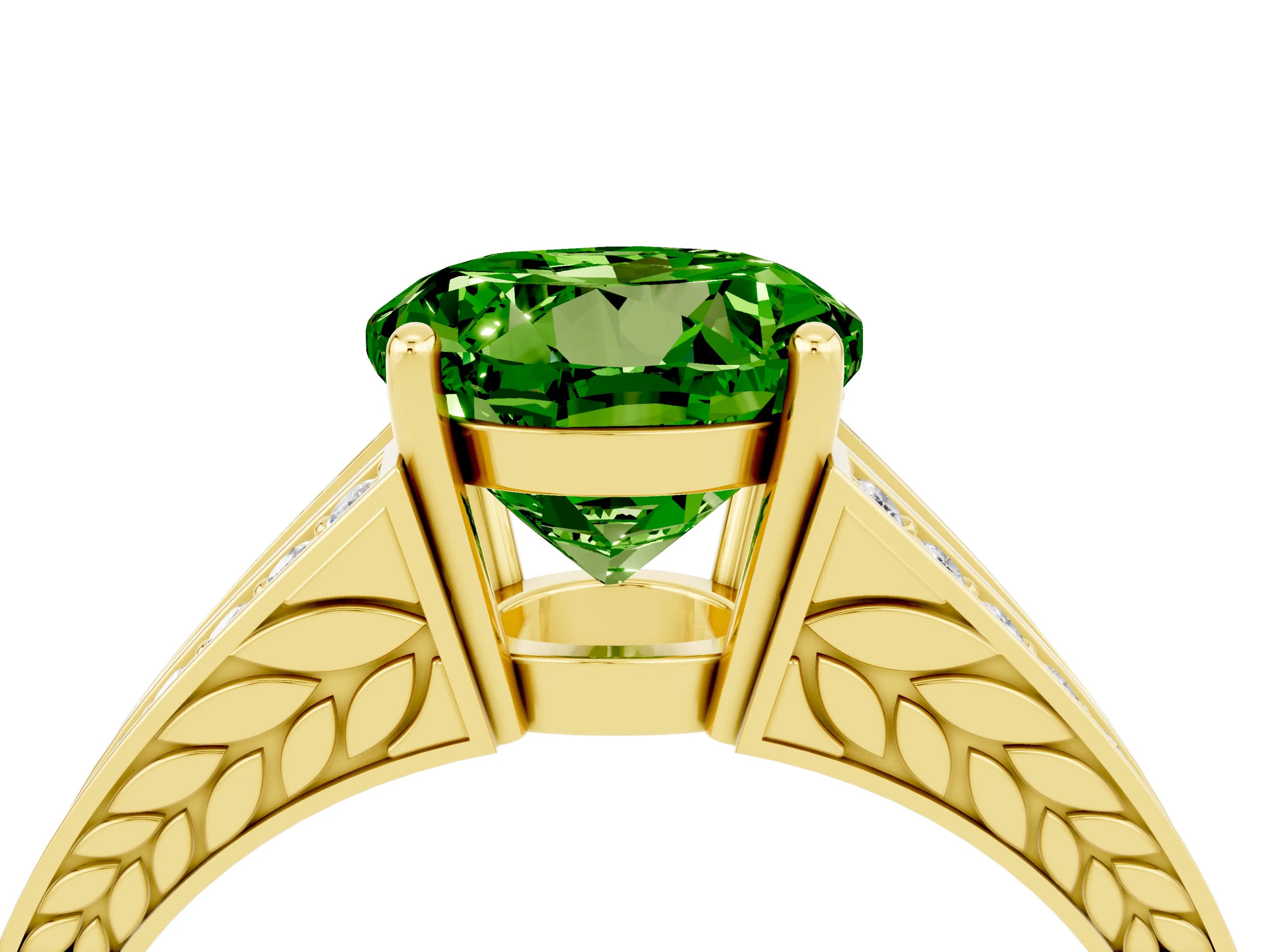 Yellow gold Round Cut Peridot Split Shank Ring with Pavé Band and Four-Prong Setting_4