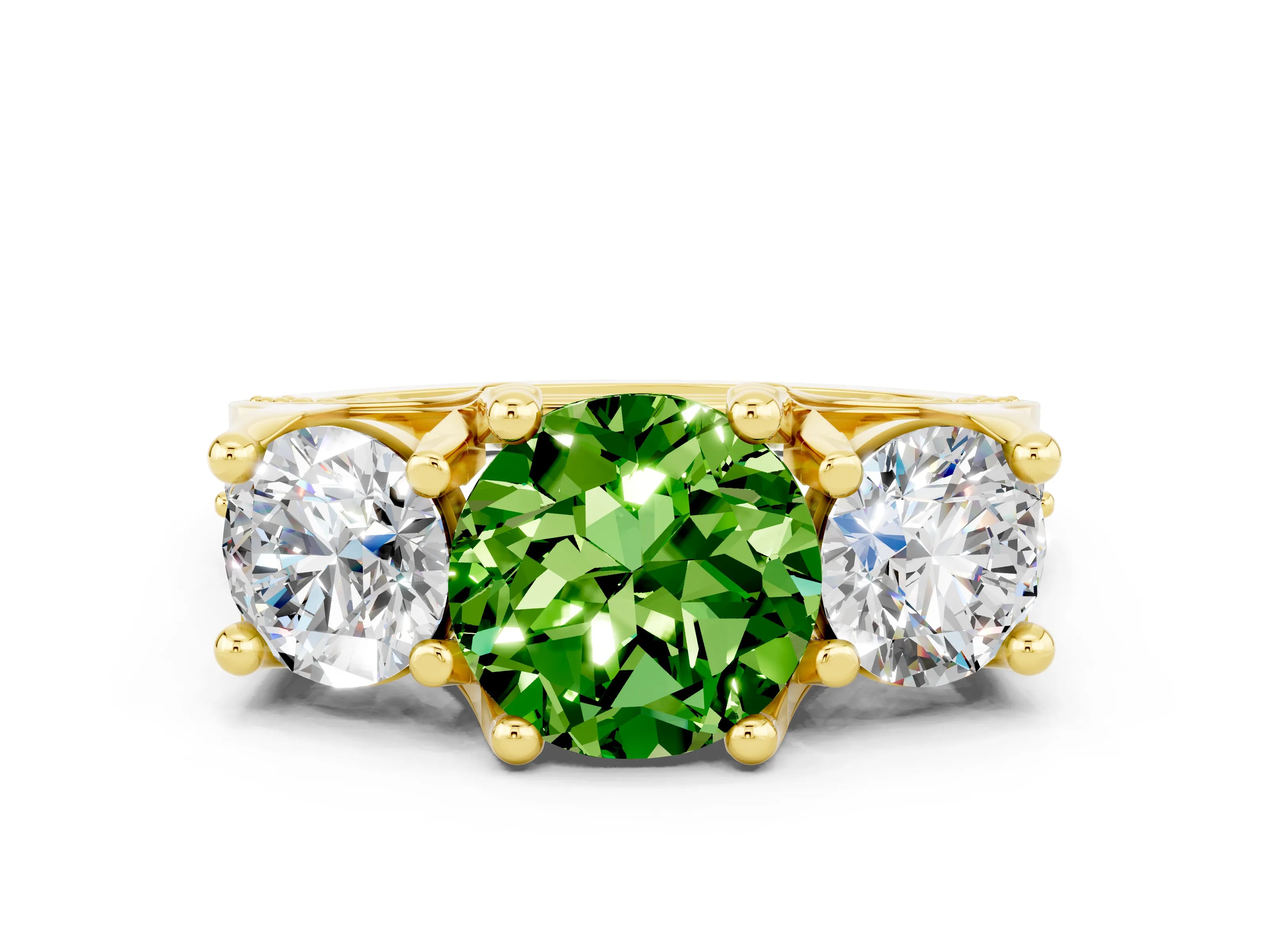 Yellow gold Round Cut Peridot Three-Stone Ring with Channel Set Band and Four-Prong Setting