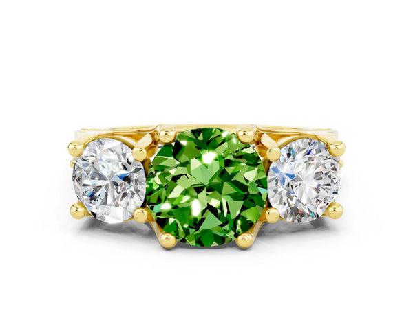 Yellow gold Round Cut Peridot Three-Stone Ring with Channel Set Band and Four-Prong Setting