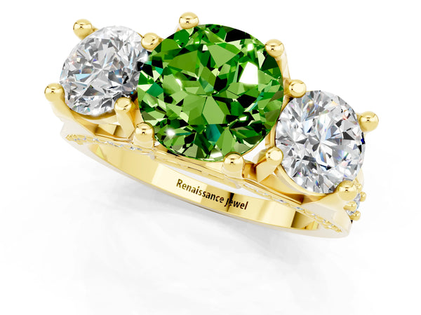 Yellow gold Round Cut Peridot Three-Stone Ring with Channel Set Band and Four-Prong Setting