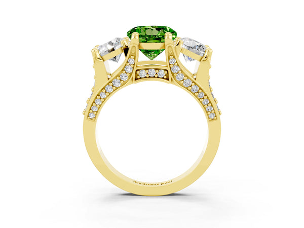 Yellow gold Round Cut Peridot Three-Stone Ring with Channel Set Band and Four-Prong Setting