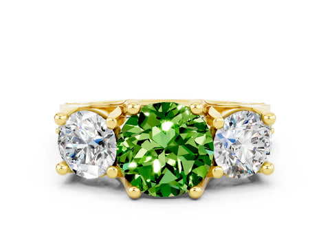 Yellow gold Round Cut Peridot Three-Stone Ring with Channel Set Band and Four-Prong Setting