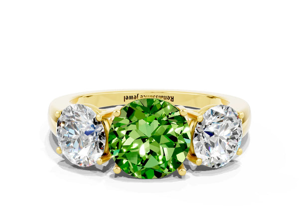 Yellow gold Round Cut Peridot Three-Stone Ring with Four-Prong Setting and Classic Band