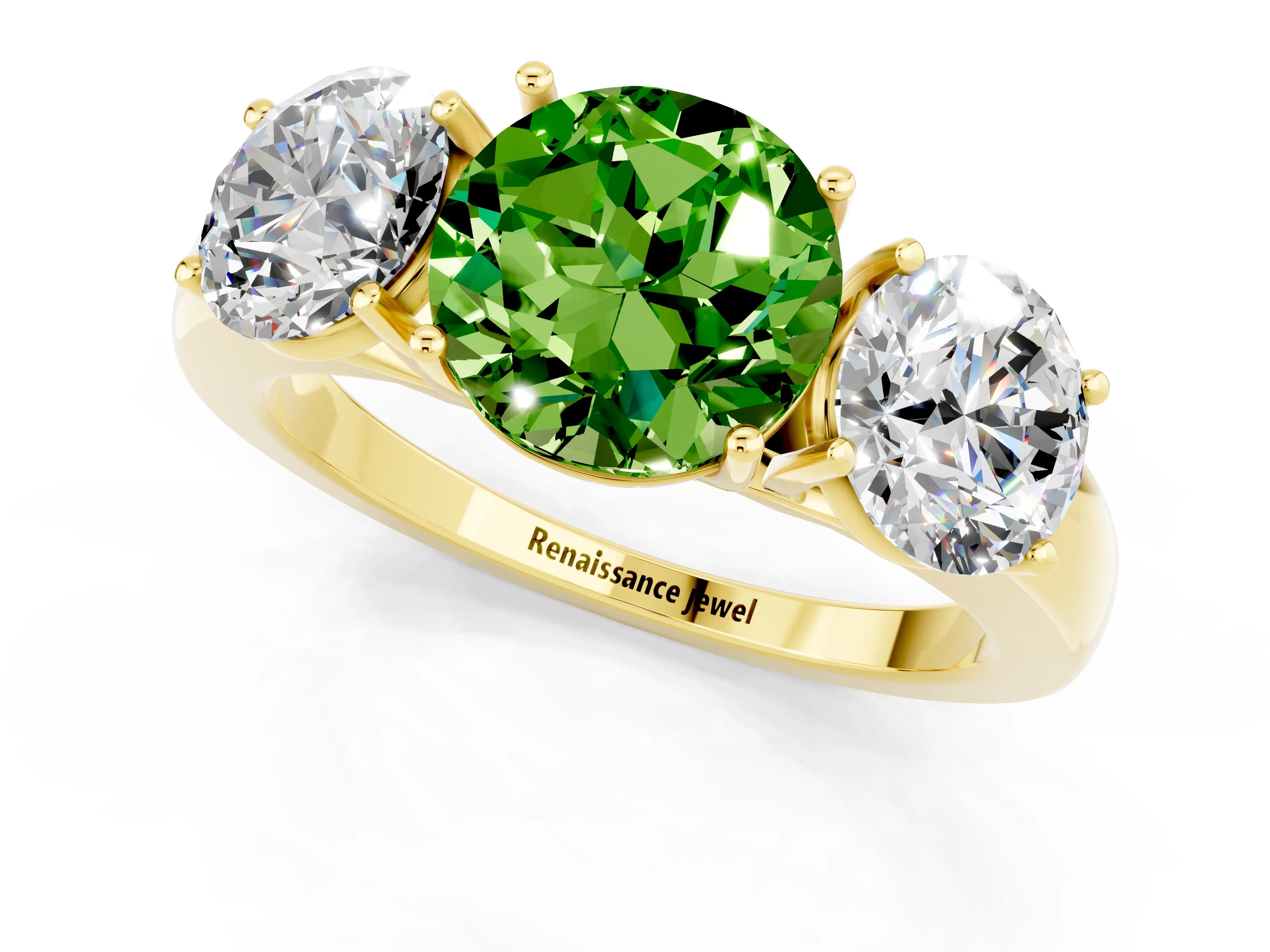 Yellow gold Round Cut Peridot Three-Stone Ring with Four-Prong Setting and Classic Band_1