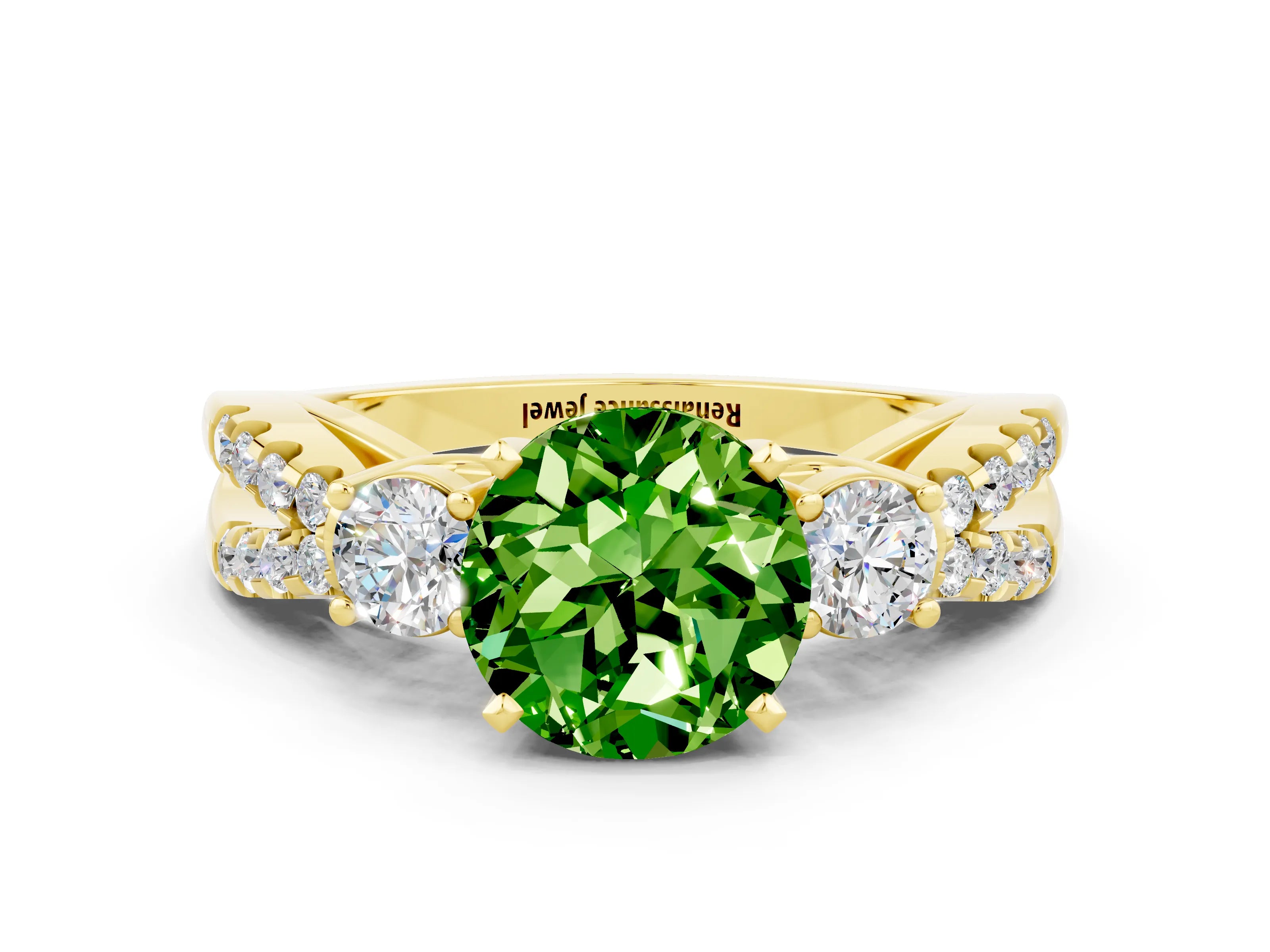 Yellow gold Round Cut Peridot Three-Stone Ring with Pavé Split Shank and Four-Prong Setting