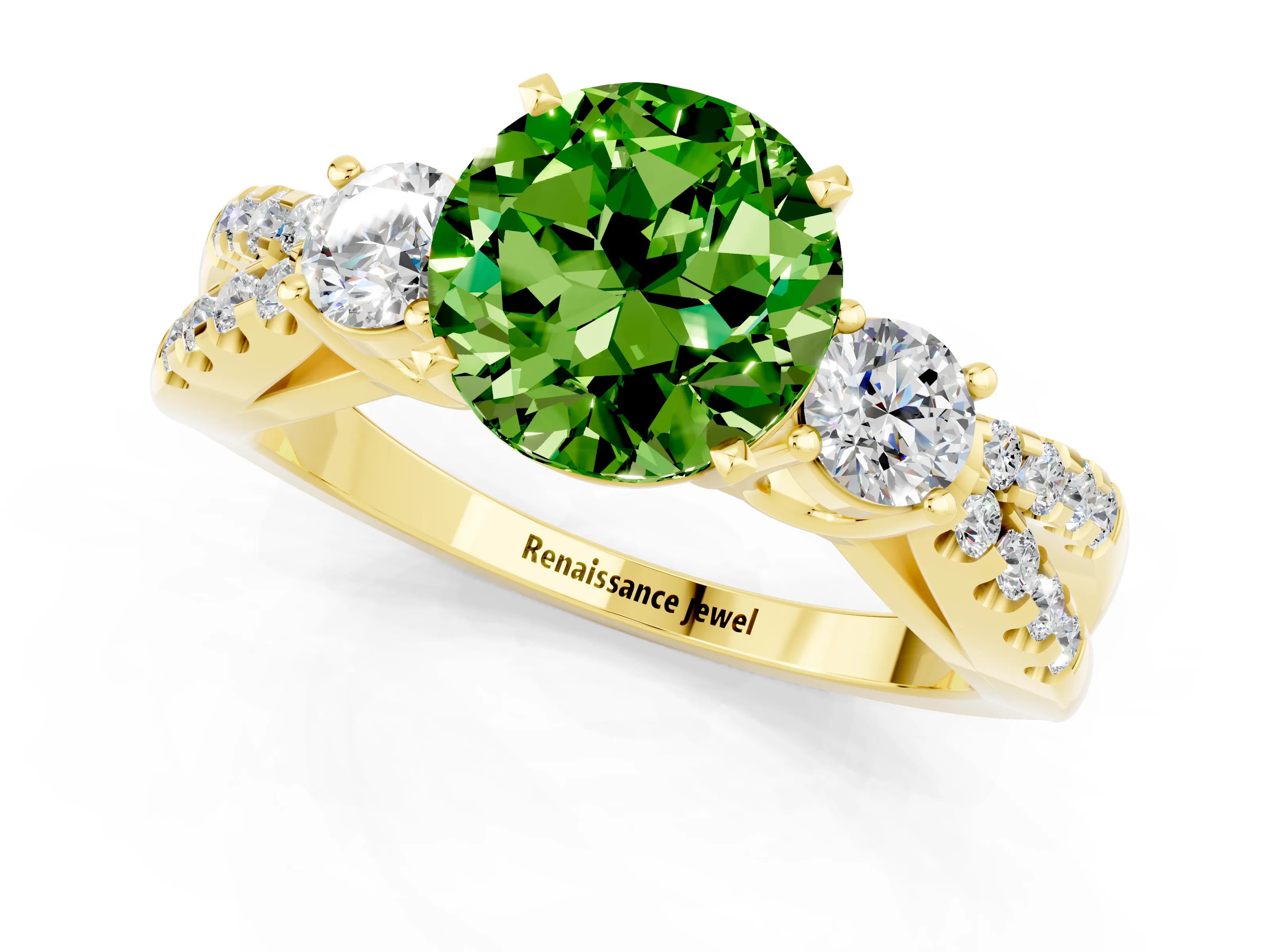 Yellow gold Round Cut Peridot Three-Stone Ring with Pavé Split Shank and Four-Prong Setting_1